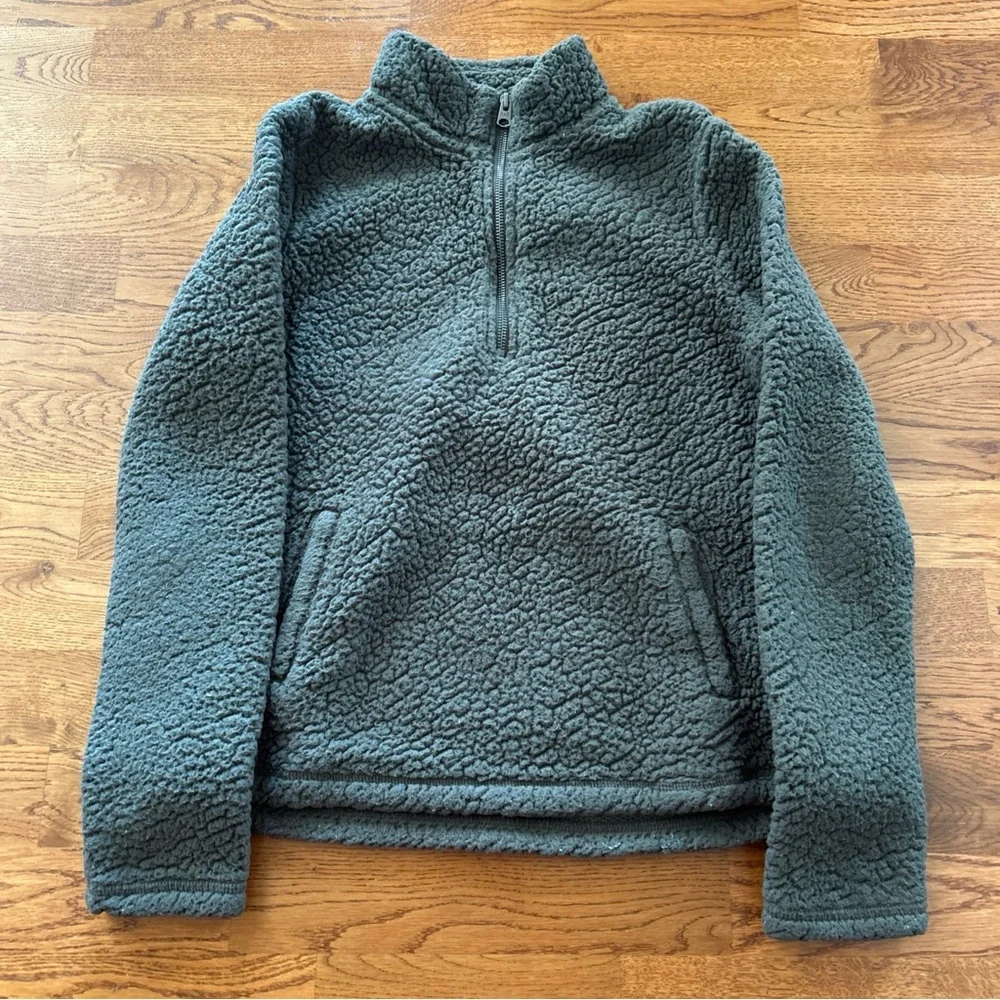 Abercrombie Women Sherpa Fleece 1/4 Zip Pullover S Soft Pocket Olive Green Army - Picture 1 of 7